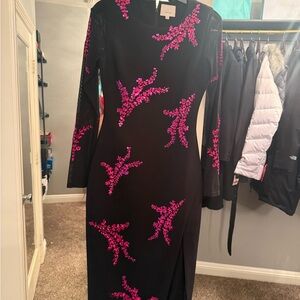 Cinq à Sept Black Dress with Pink Floral Design